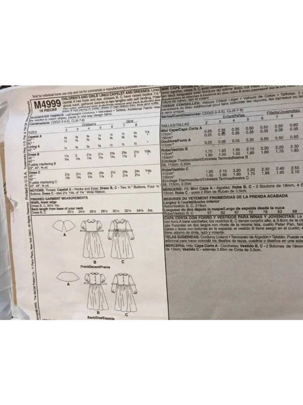Vintage Sewing Pattern McCalls M4999 Child Girls Caplet & Dress Lined Sz 2-5 UC